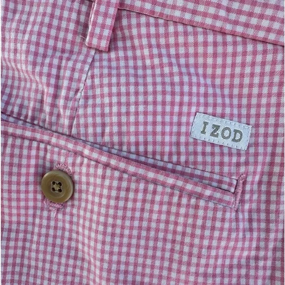 IZOD Men’s All Cotton Pink & White Gingham Flat Front 10” Shorts - Size 38 - Picture 1 of 11